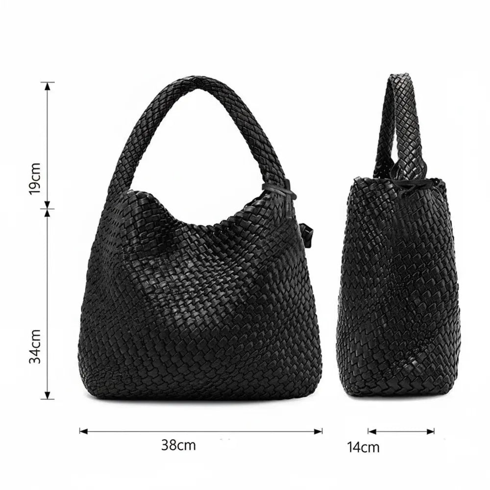Perla - Sac à Main Femme Tressé avec sa Pochette Assortie NOIR, Grand Format pour Ordinateur 15 Pouces et Essentiels, Dimensions du sac