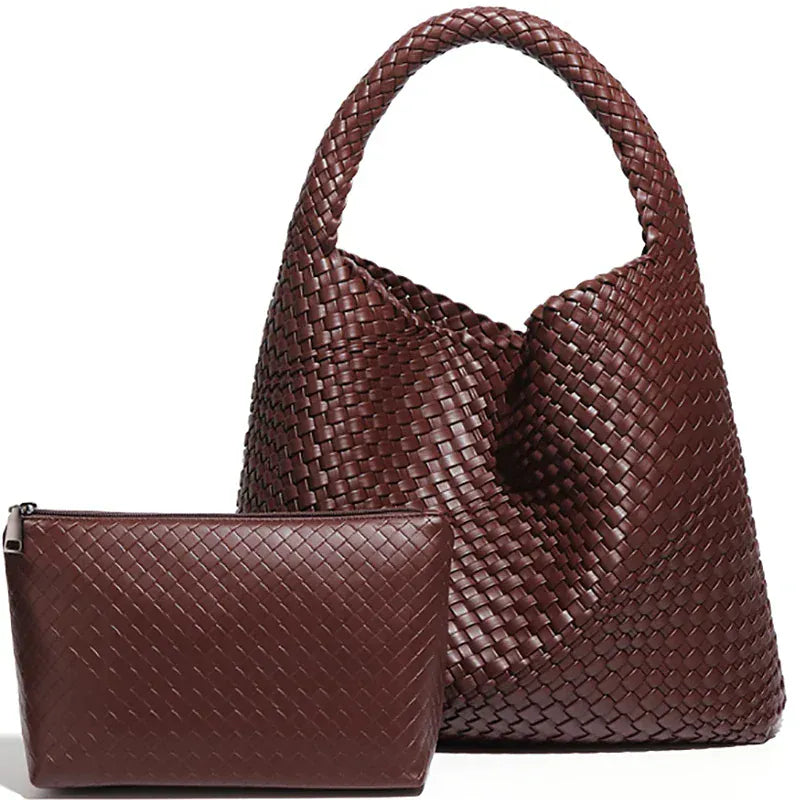 Perla - Sac à Main Femme Tressé avec sa Pochette Assortie MARRON foncé, Grand Format pour Ordinateur 15 Pouces et Essentiels