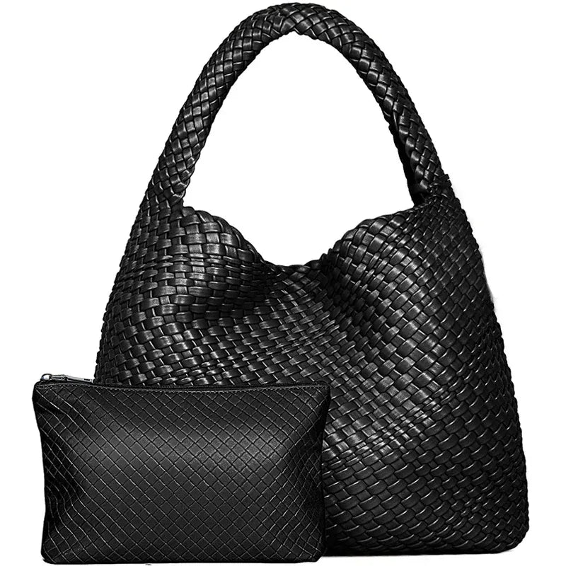 Perla - Sac à Main Femme Tressé avec sa Pochette Assortie NOIR, Grand Format pour Ordinateur 15 Pouces et Essentiels