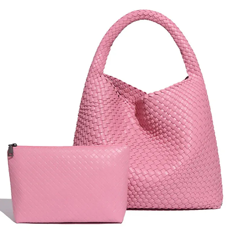 Perla - Sac à Main Femme Tressé avec sa Pochette Assortie ROSE, Grand Format pour Ordinateur 15 Pouces et Essentiels, 