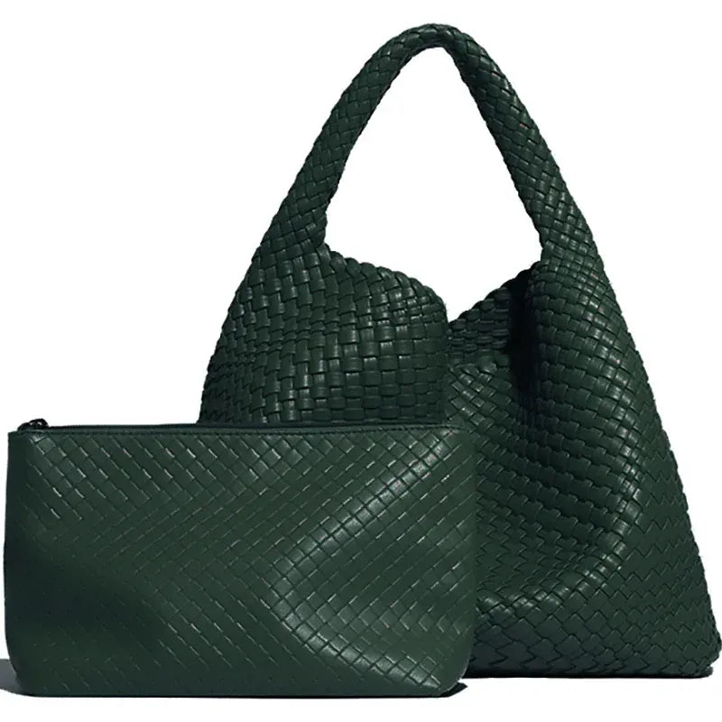 Perla - Sac à Main Femme Tressé avec sa Pochette Assortie VERT, Grand Format pour Ordinateur 15 Pouces et Essentiels, 