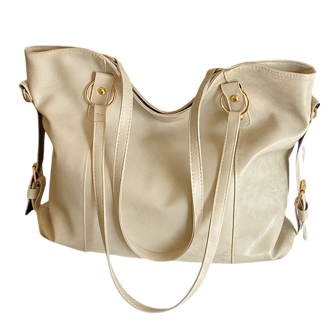 ROSE – Grand sac à main de cours élégant beige, raffiné et spacieux, parfait pour cahiers et ordinateur.
