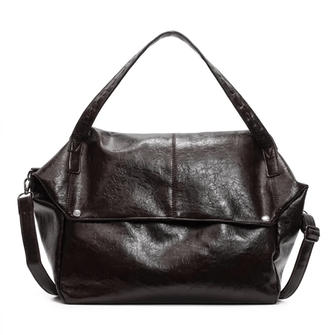 Sac à main de cours porté épaule brillant Sarena couleur café, cuir ciré souple et spacieux pour femme et étudiante