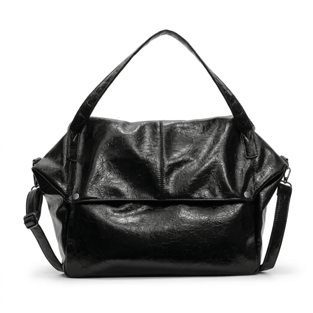 Sac à main de cours porté épaule brillant Sarena couleur noir, cuir ciré souple et spacieux pour femme et étudiante