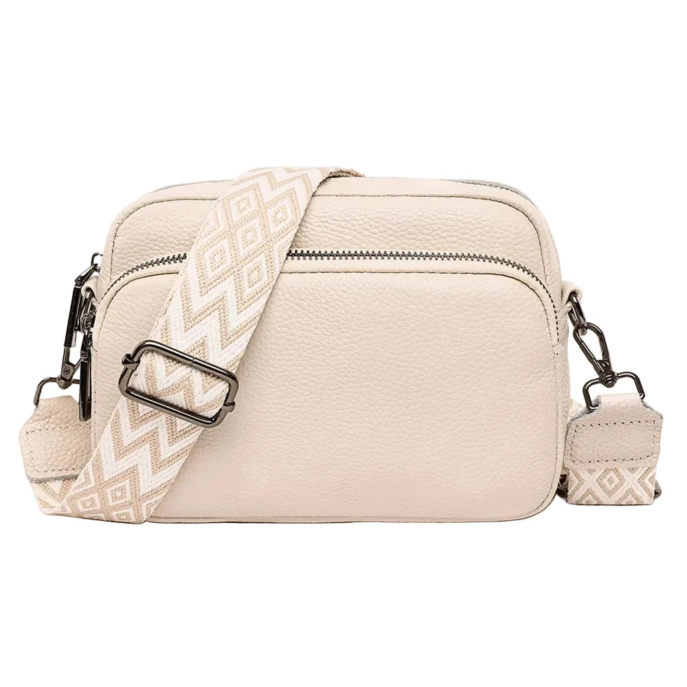 Sidra - Petit Sac Bandoulière Large Femme, sac femme compact en cuir vegan avec large sangle réglable au motif géométrique, couleur beige