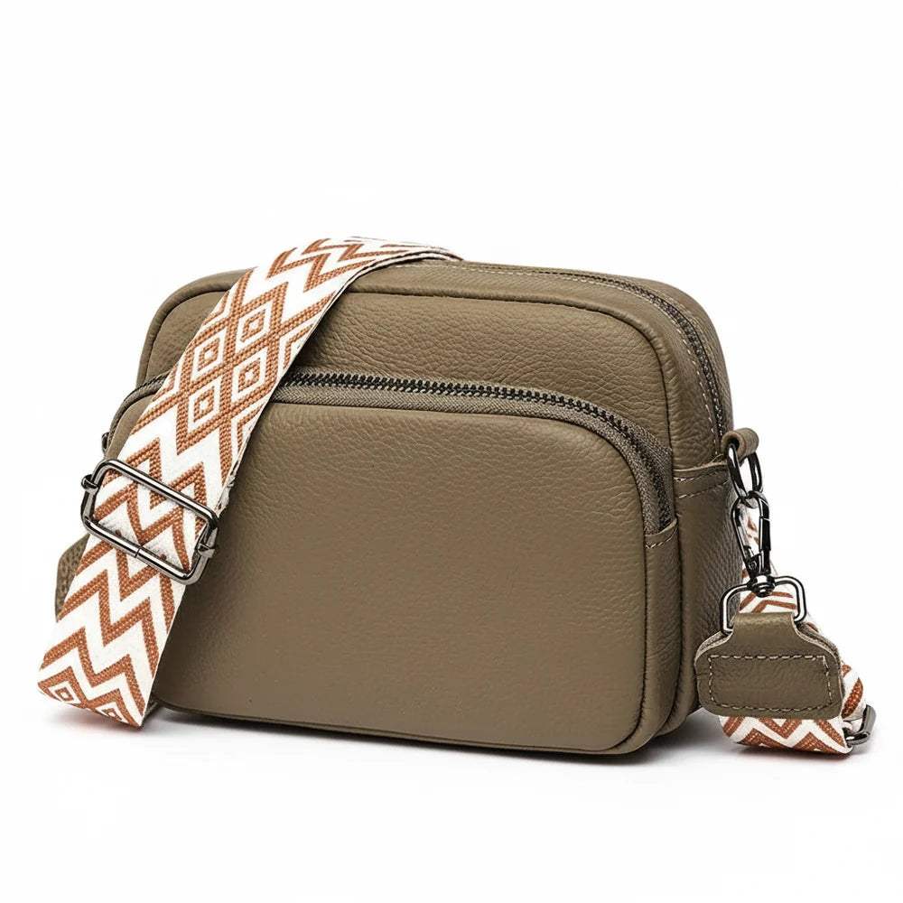 Sidra - Petit Sac Bandoulière Large Femme, sac femme compact en cuir vegan avec large sangle réglable au motif géométrique, couleur kaki