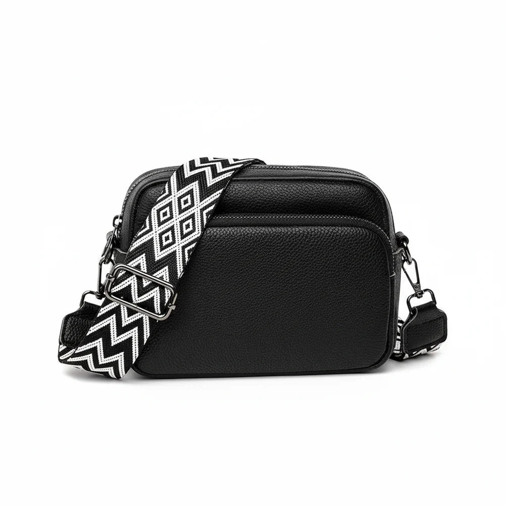 Sidra - Petit Sac Bandoulière Large Femme, sac femme compact en cuir vegan avec large sangle réglable au motif géométrique, couleur noir