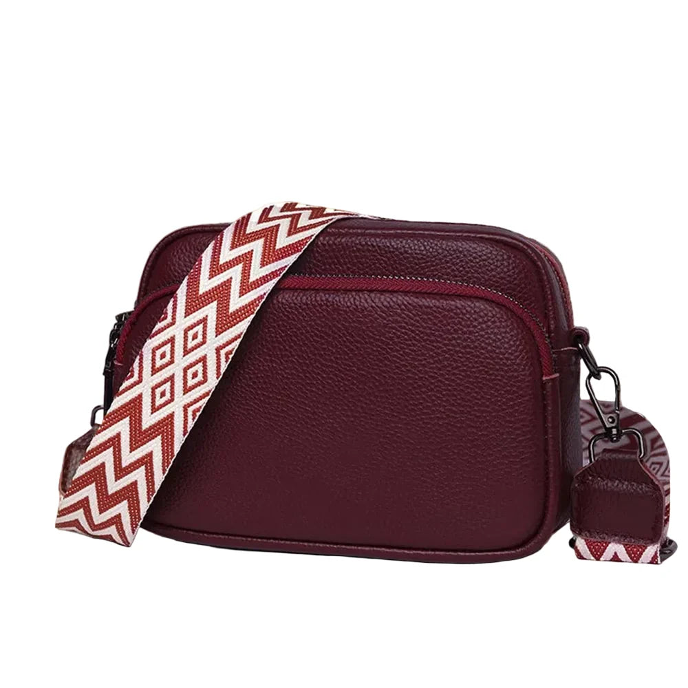 Sidra - Petit Sac Bandoulière Large Femme, sac femme compact en cuir vegan avec large sangle réglable au motif géométrique, couleur rouge