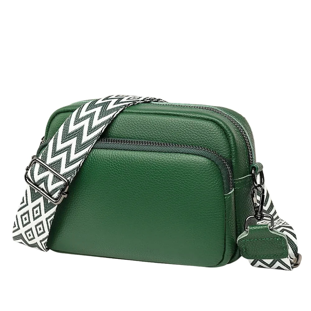 Sidra - Petit Sac Bandoulière Large Femme, sac femme compact en cuir vegan avec large sangle réglable au motif géométrique, couleur vert