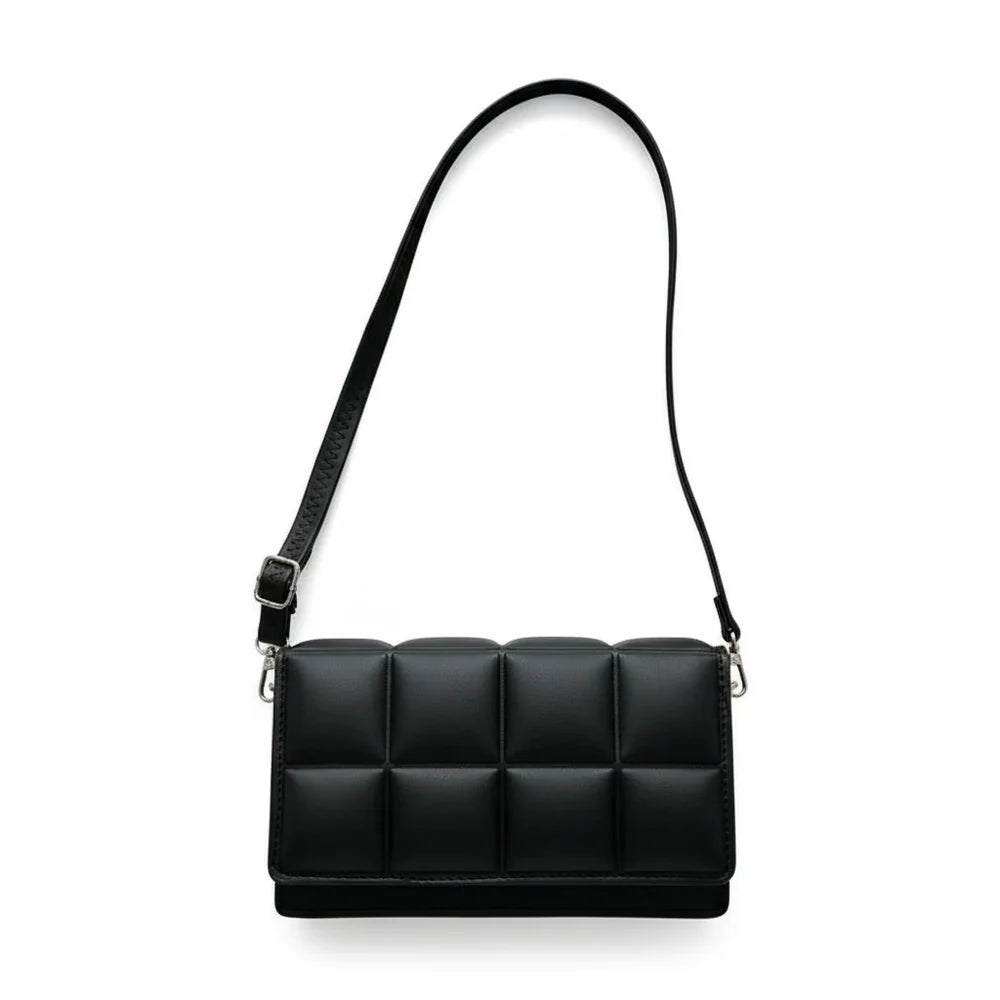 Valentine - Sac à Main Matelassé, petit sac bandoulière matelassé femme au design structuré et élégant, avec bandoulière ajustable, couleur noir