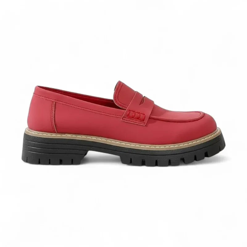 Vittoria - Mocassin Femme en Daim à Surpiqûres Contrastées Rouge