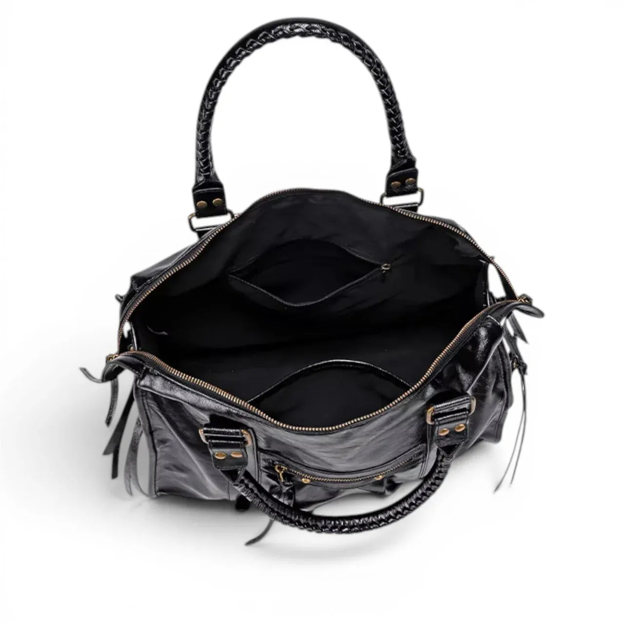 Grand sac à main de cours en cuir vintage noir Yvanna, spacieux et structuré pour femme et étudiante, vue intérieure