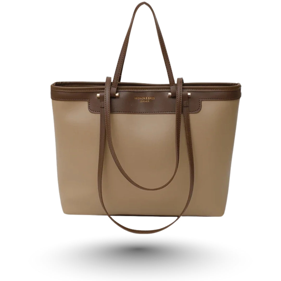 ZOE – Grand sac à main en cuir végan marron clair, chic et spacieux, idéal pour étudiantes et actives.