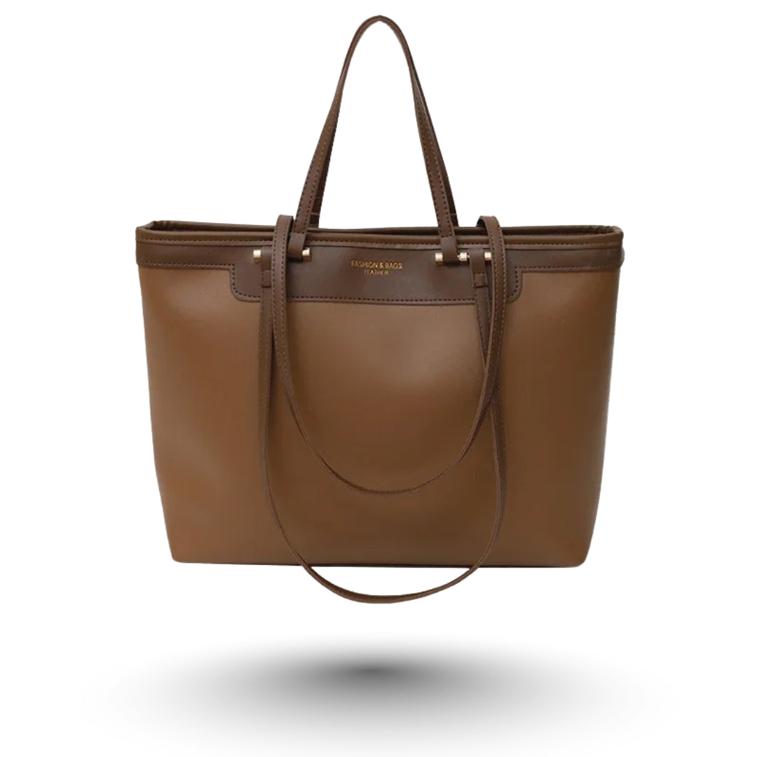 ZOE – Grand sac à main en cuir végan marron, chic et spacieux, idéal pour étudiantes et actives.